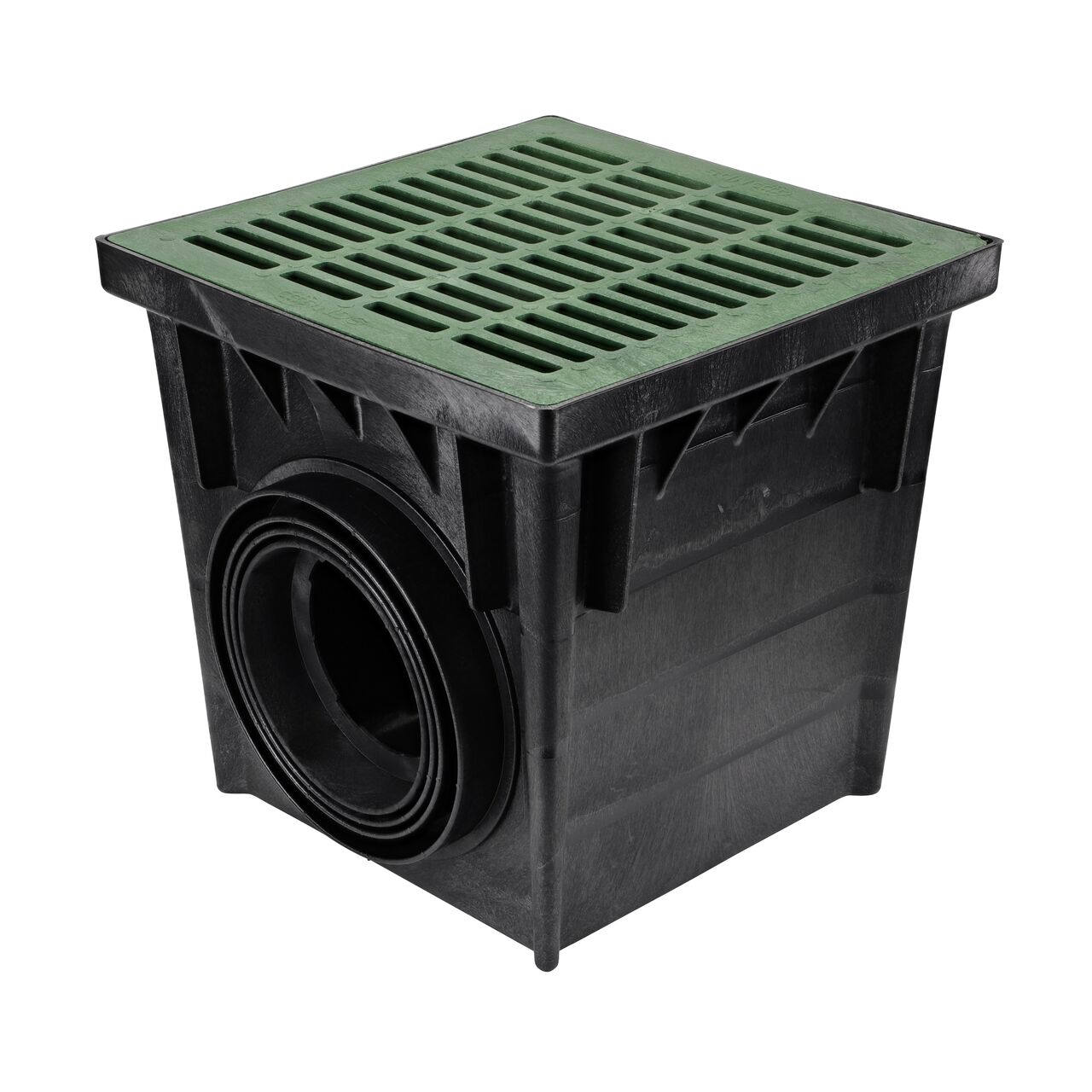 Black plastic 24 in. Catch Basin Drain Kit (NDS 2400GRKIT) set up with a green grate (NDS 2412) and adapters (NDS 1888, NDS 2410) that connects to 8 in., 10 in., and 12 in. drain pipe