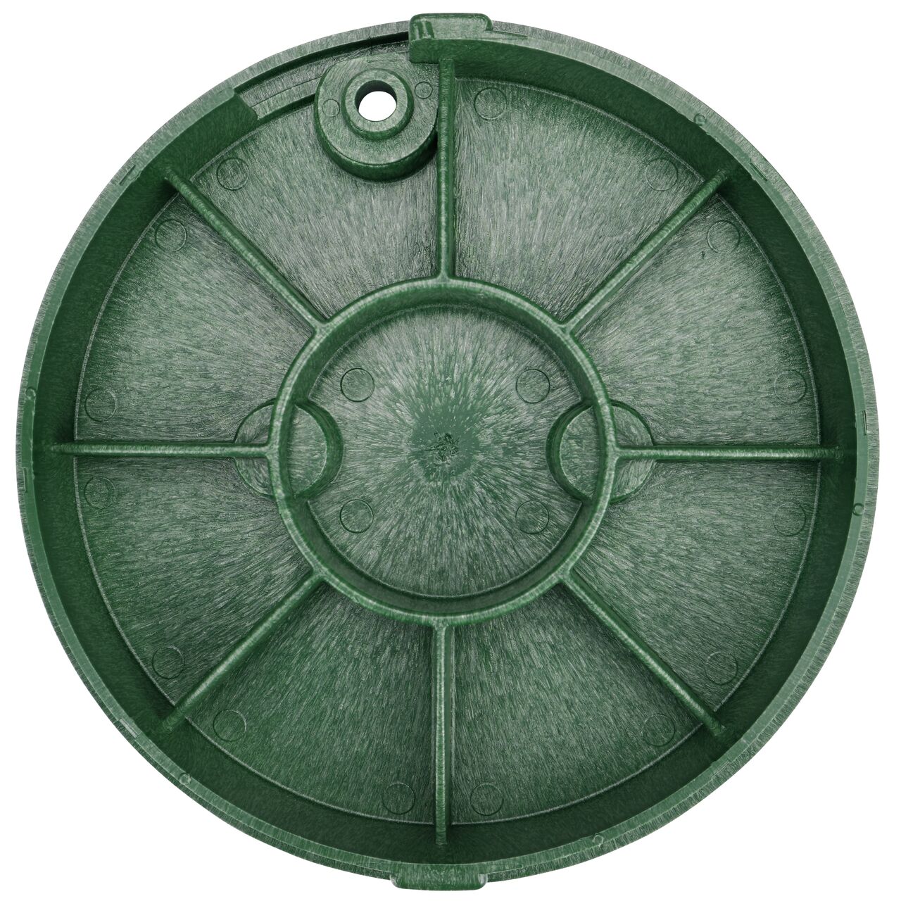 Top down view of the underside of the green irrigation control valve cover for the NDS 10 in. Round Standard Series (NDS 111BCB) showing reinforcing ribs that are load rated to withstand pedestrian traffic and the rigors of lawn care equipment