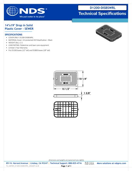 NDS 14 in. X 19 in. Rectangular D1200 Meter Box Drop-in Cover, Black Sewer Tech Spec