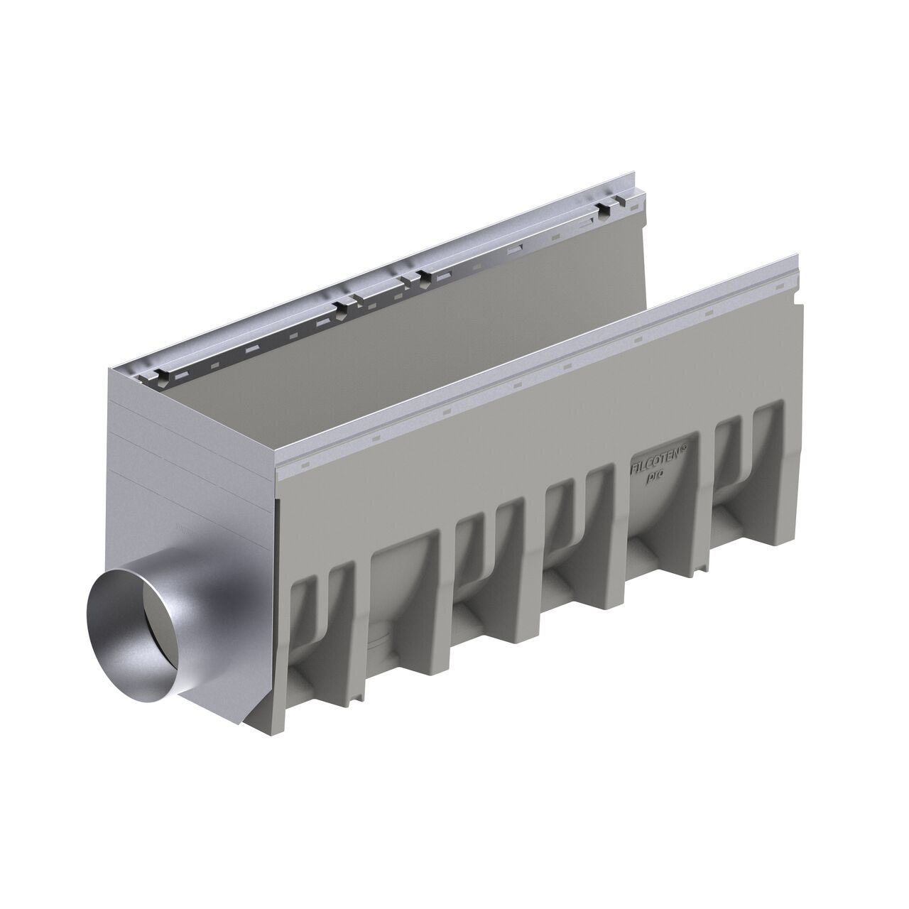 The galvanized steel BG-FILCOTEN® by NDS® 300 Trench Drain End Outlet (NDS 19030214) installed on the male interlocking end of the 12 in. BG-FILCOTEN® pro V 300 Trench Drain with Galvanized Steel Rails
