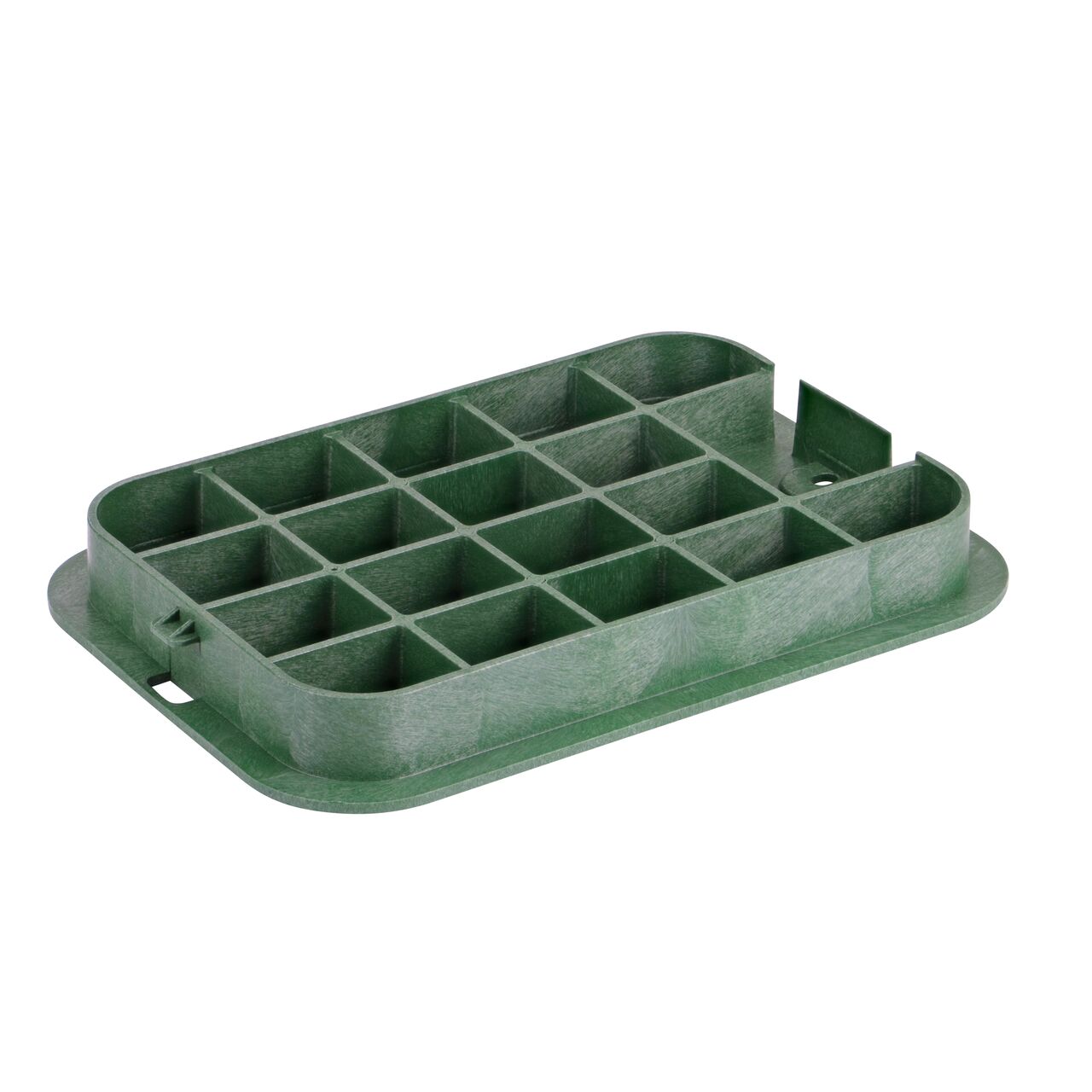 Bottom view of the reinforced ribs on the NDS 14 in. X 19 in. rectangular green water cover (NDS 114CW) that fit a NDS 14 in. X 19 in. Standard Series Valve Box