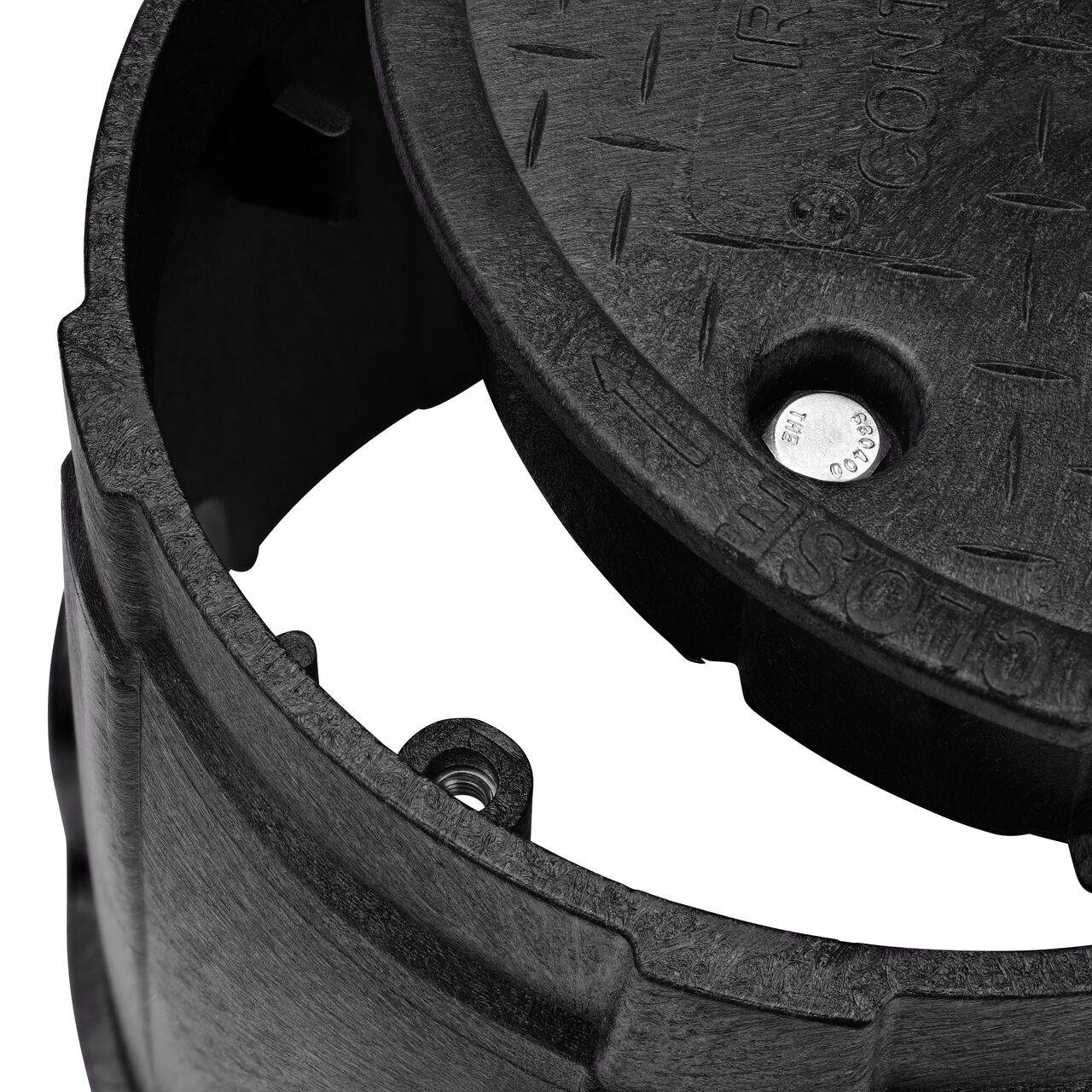 Align the bolt hole on the lid with the bolt hole from the NDS 10 in. Round Pro-Spec® Series Black Box and Black Irrigation Control Valve Cover (NDS 311BCBBLK) for a secure fit