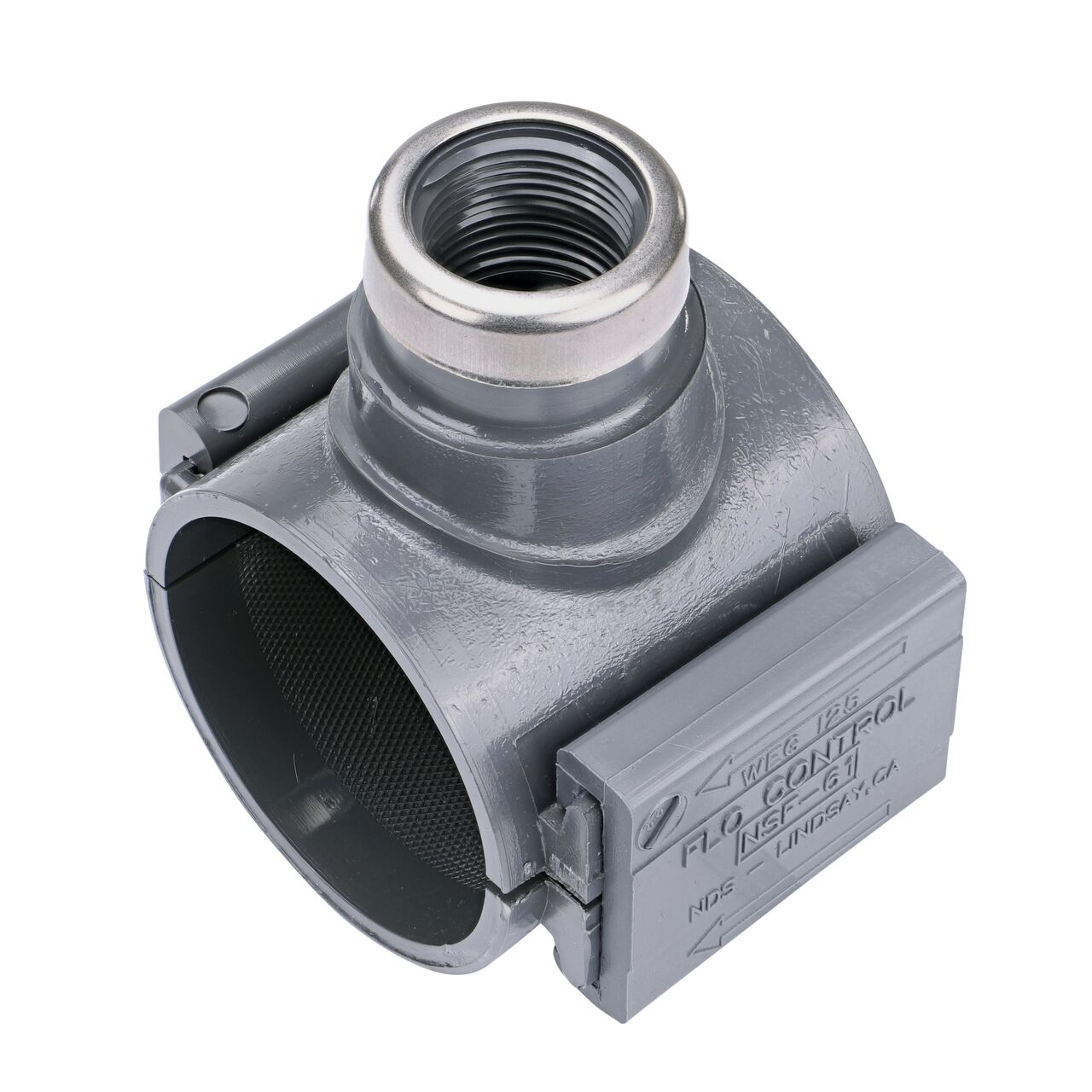 The 1 in. FPT outlet at the top of the NDS Clamp-It™ Rigid PVC Saddle (NDS 322010P) for 2 in. PE pipe adds a riser or sprinkler to an existing pipeline for agricultural or mining applications