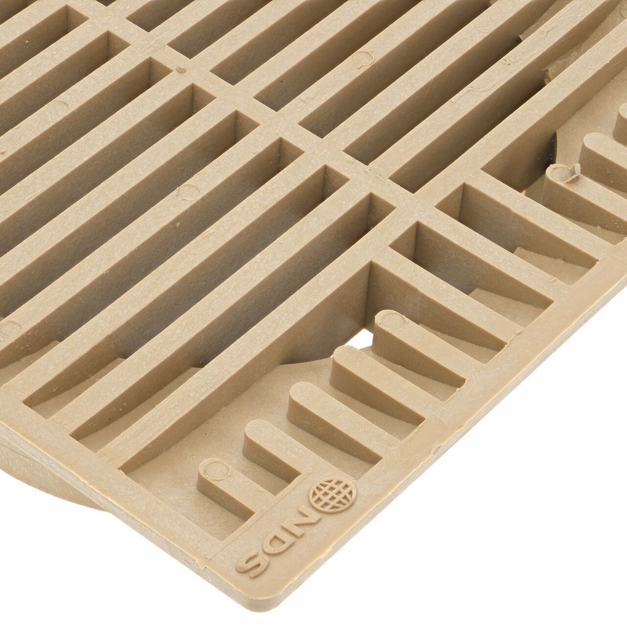 Closeup of the Grate Design on the NDS 8 in. Square Grate in sand color plastic (NDS 883S)