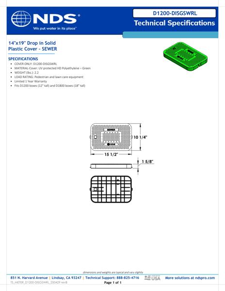 NDS 14 in. X 19 in. Rectangular D1200 Meter Box Drop-in Cover, Green Sewer Tech Spec