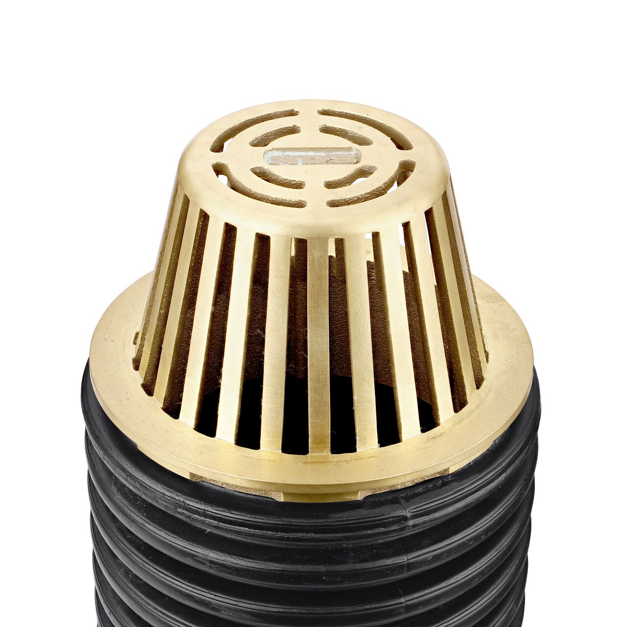 NDS Brass 6 in. Atrum Grate (NDS 90B)  installed on 6 in. Single-Wall Corugated Pipe