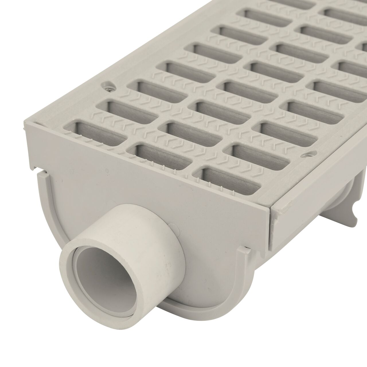 NDS 5 in. Pro Series Channel Drain, End Cap/End Outlet (NDS 821) attached to the end of the Shallow Profile Channel Drain (NDS 800) and Grate (NDS 814)