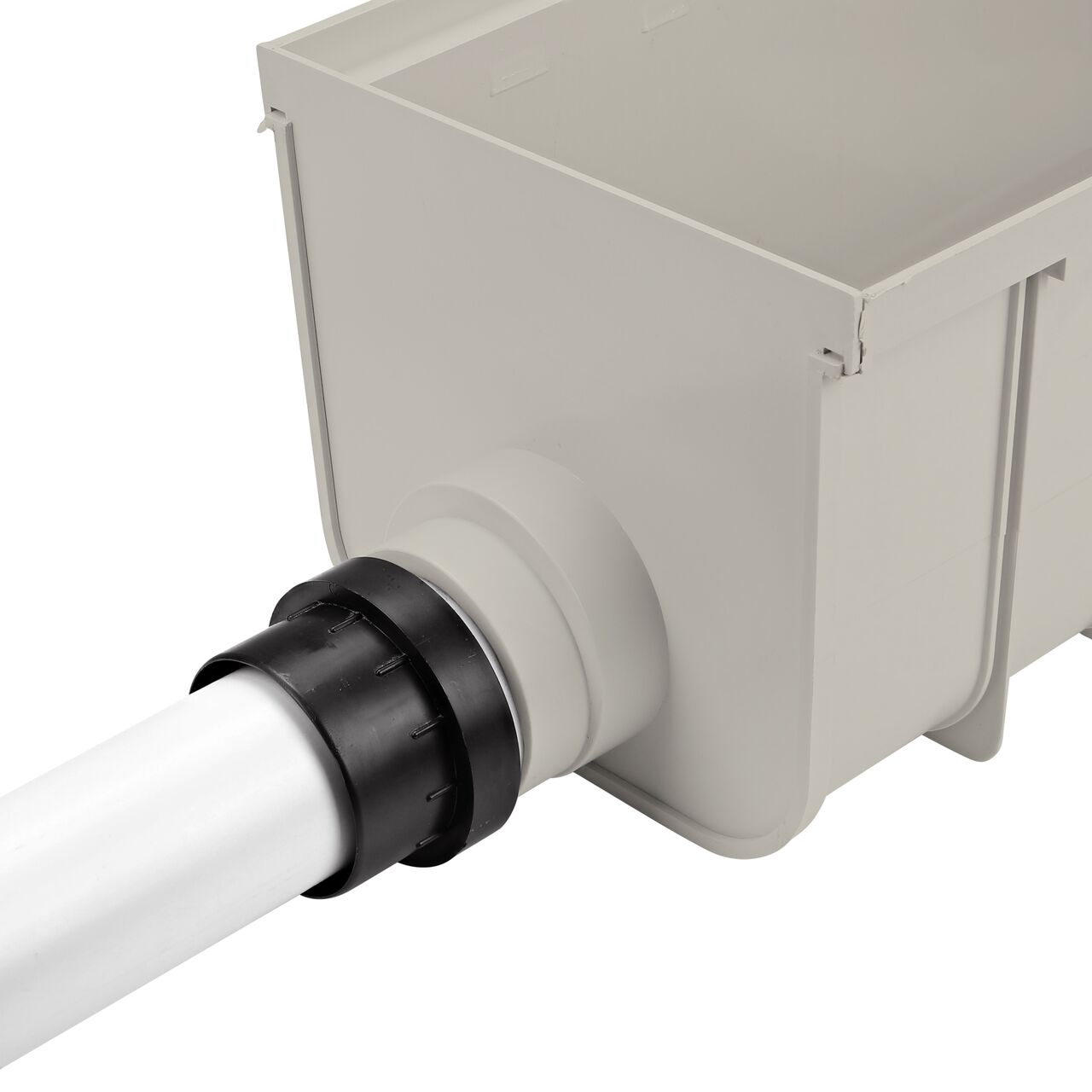 fully installed with NDS Light Gray 12 in. Pro Series Channel™ Drain End Cap/End Outlet (NDS 844) attached to channel drain and 3 in. pipe