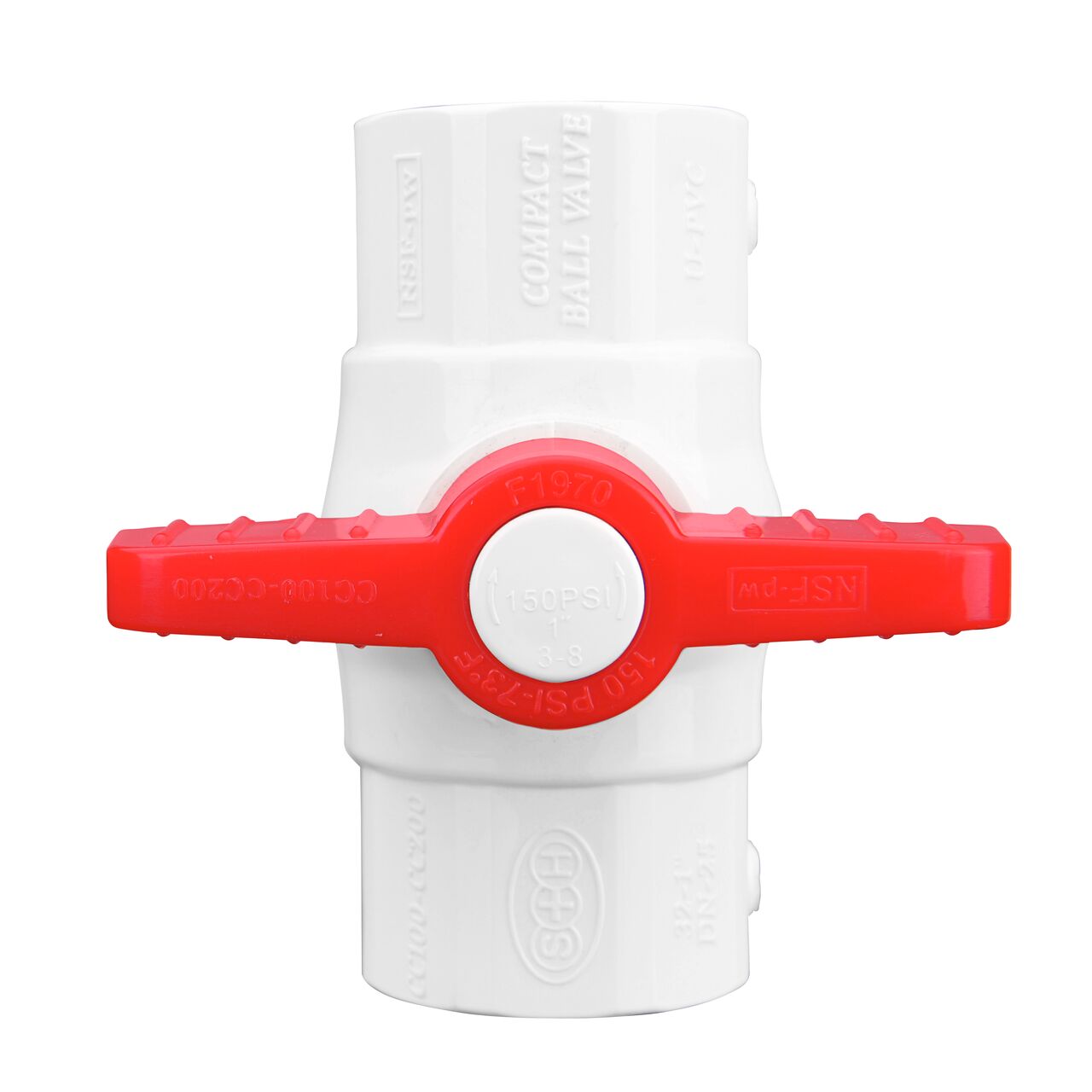 Closeup of the NDS IPS Ball Valve showing that the handle is made of durable PVC material perfect for irrigation or other pressurized system (NDS E1420-10)