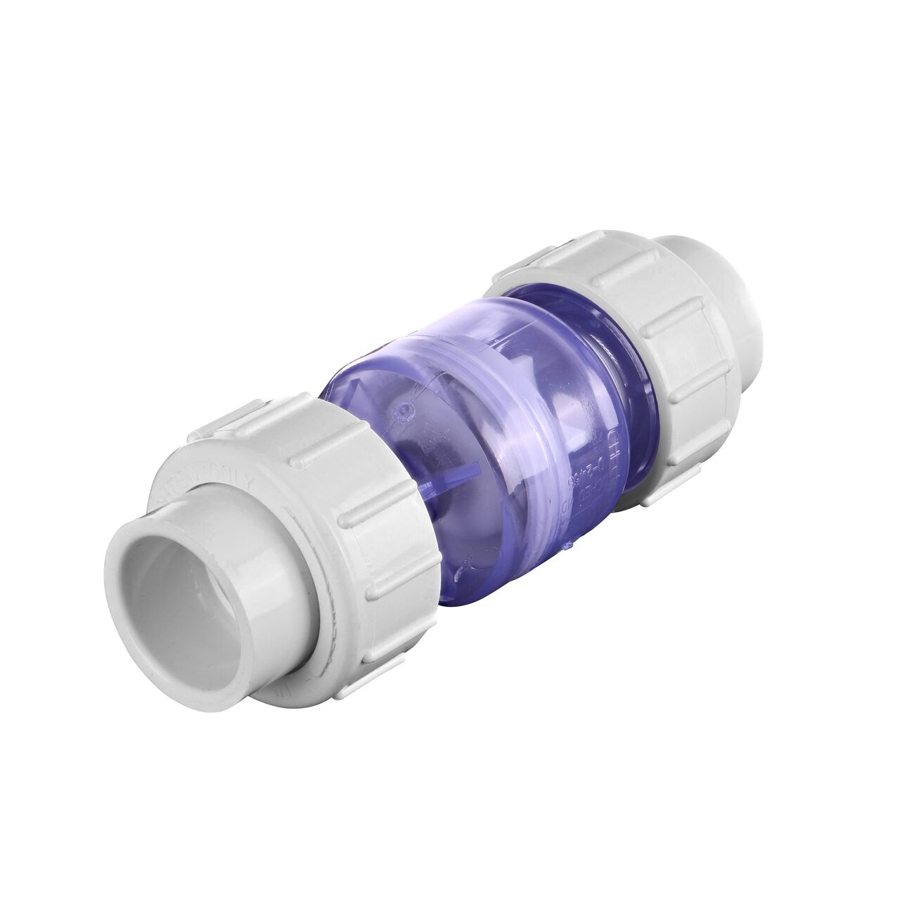 NDS Clear 1 in. slip end by slip end with 1/2 lb. spring PVC True Union Spring Check Valve (NDS 1700C10) conveys water one-way through pipe and prevents backflow