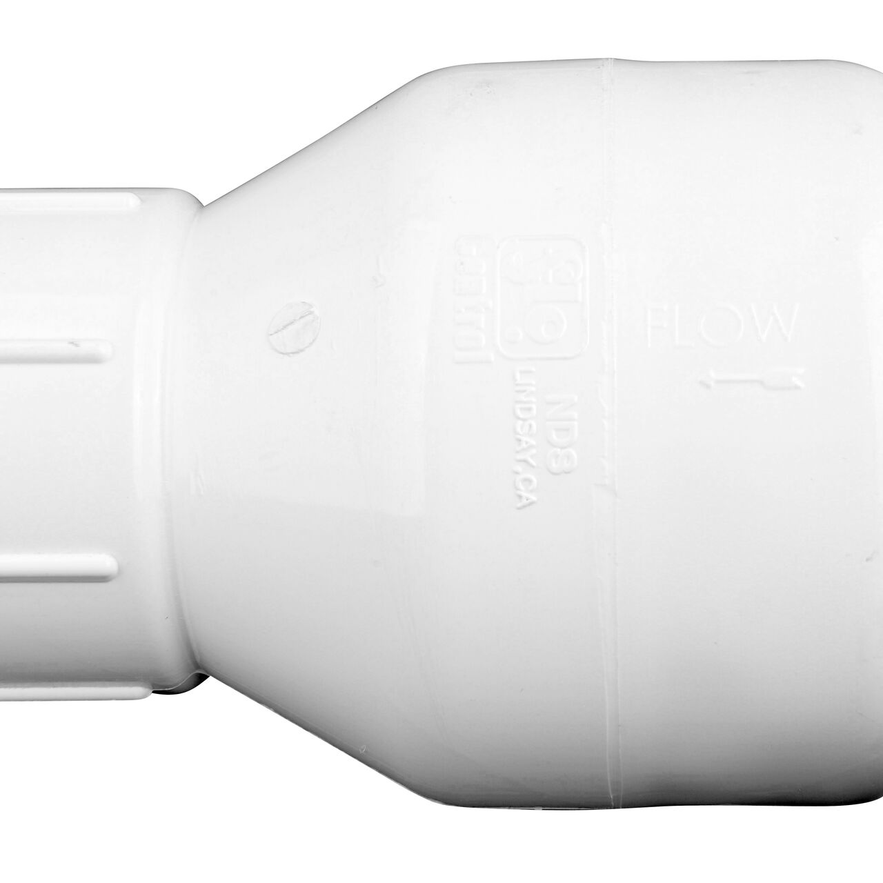 Closeup of the arrow showing water flow of the NDS White 2 in. slip end by slip end PVC Spring Check Valve (NDS 1011-20, NDS 1012-20)