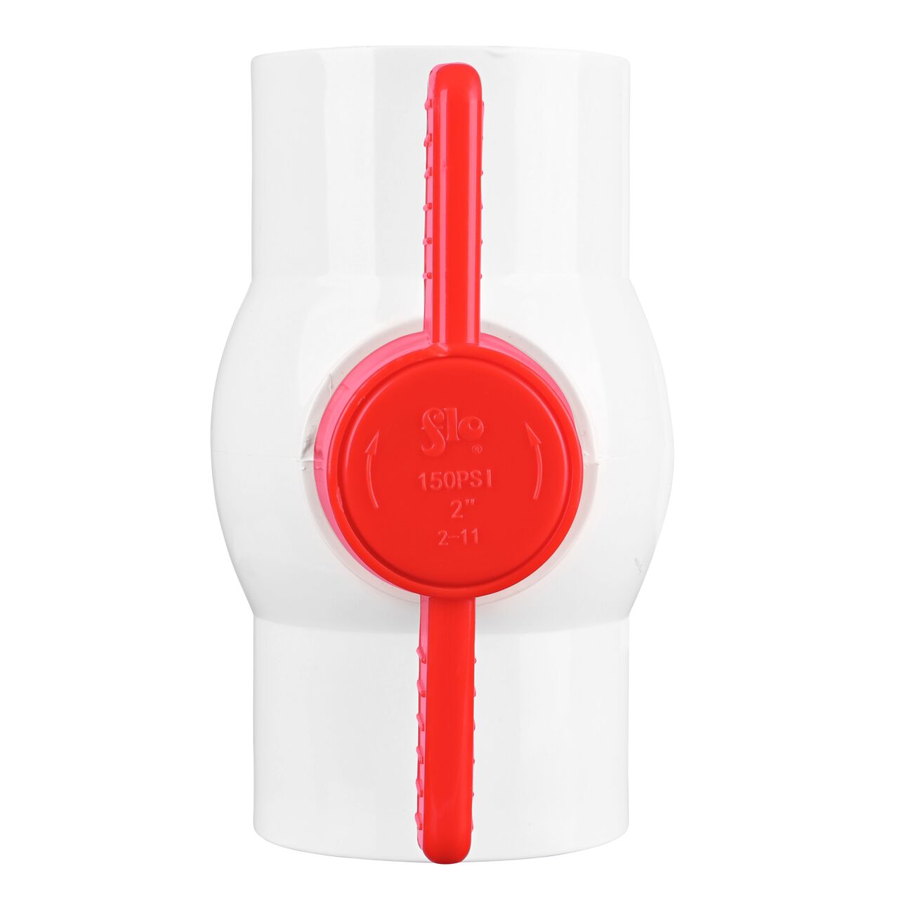 Closeup of the NDS IPS Ball Valve showing that the handle is made of durable PVC material perfect for irrigation or other pressurized system (NDS E1320-20)