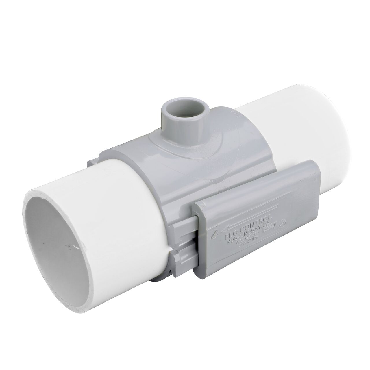 The NDS Clamp-It™ Rigid PVC Saddle with 1 in. slip connection on top (NDS 454010) installed onto 4 in. PVC pipe with the wedge closure fully secure