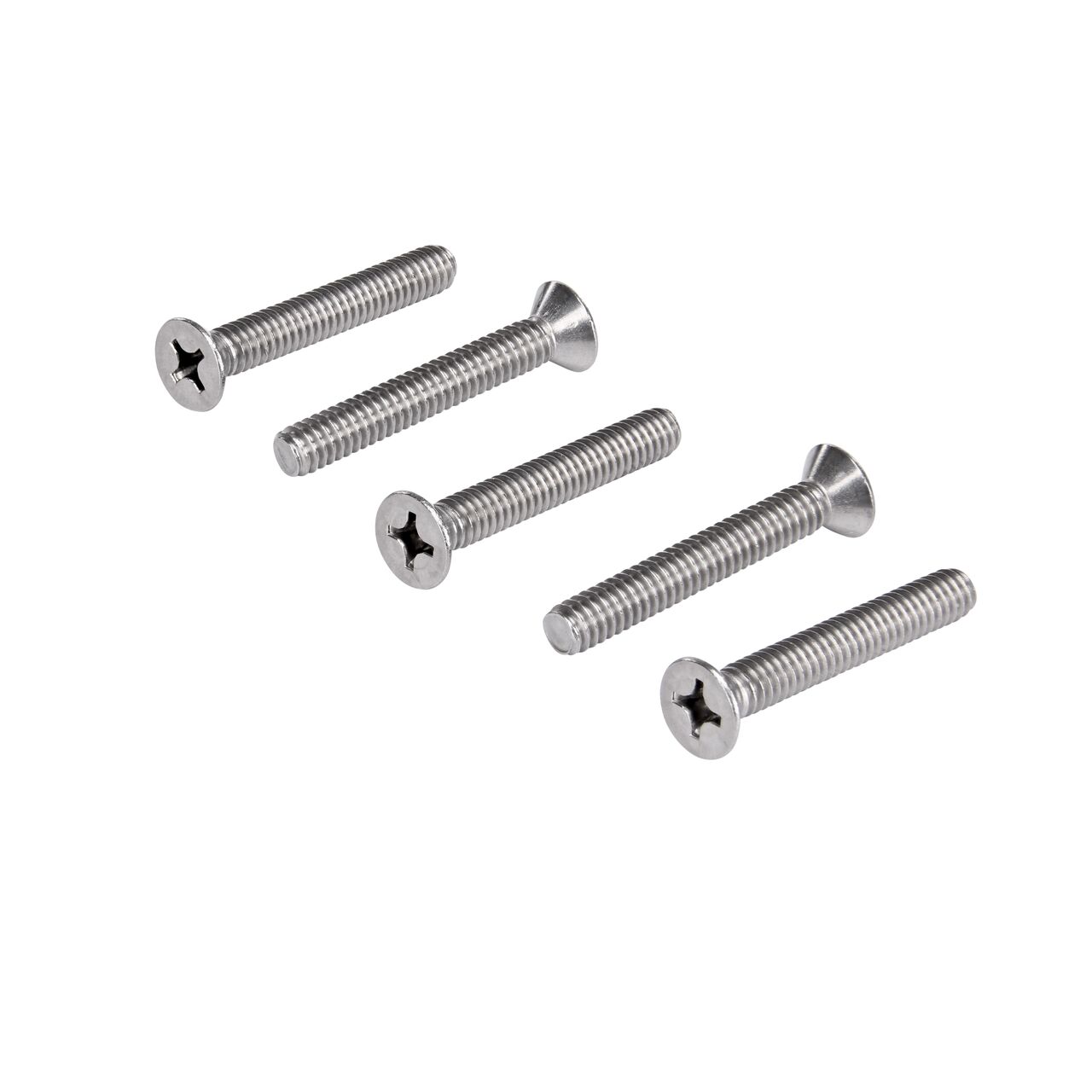 Multiple 1/4 in. Phillips Flat Head Screws (NDS 629) show both the flat head and the threaded end which allows the screw to easily thread into the Dura Slope Channel Drains into the ProFit Grate Lock