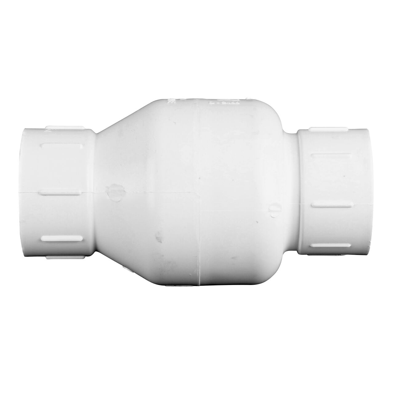 Side to side view of the NDS White 2 in. slip end by slip end PVC Spring Check Valve (NDS 1011-20, NDS 1012-20)