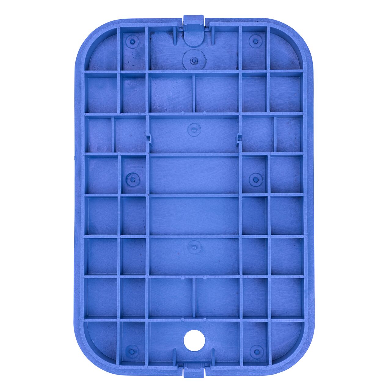 Top down view of the underside of the Blue Water Meter cover (NDS D1200-OLBLL) for the NDS 14 X 19 in. Rectangular Standard Series meter box showing reinforcing ribs that help support pedestrian and lawn care equipment