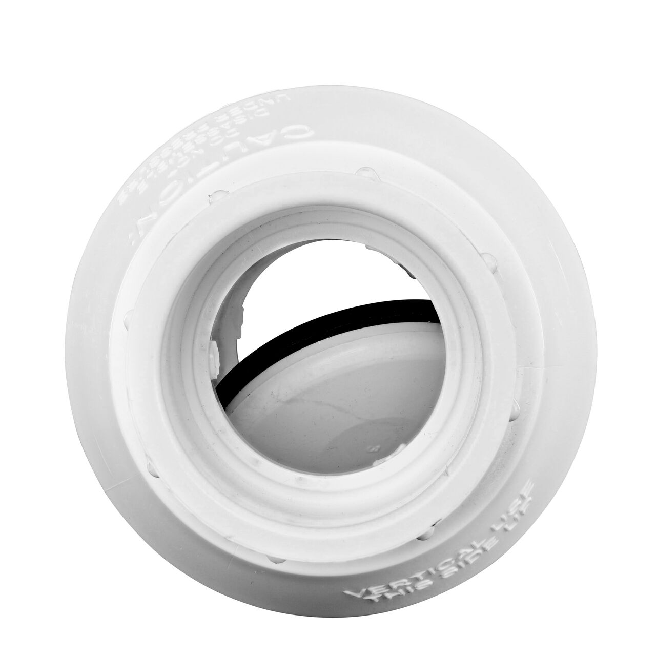 Water is conveyed through the valve as it pushes the flapper open on the NDS White 1-1/4 in. slip end by slip end PVC Swing Check Valve (NDS 1520-12)