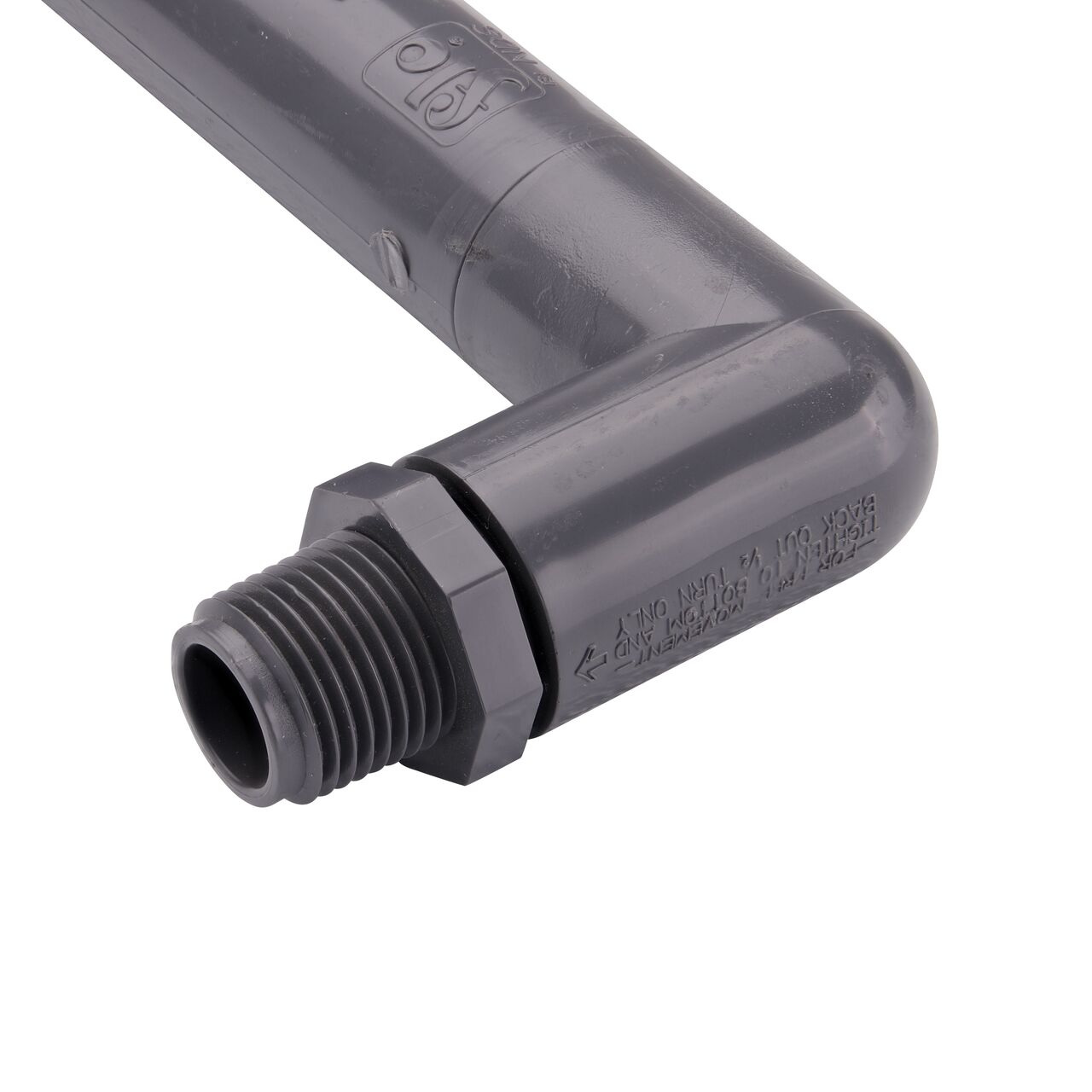 Closeup view of the 1/2 in. MPT end on NDS PVC Triple Swing Joints Assembly that connects to the FPT sprinkler connection point perfect for landscape sprinkler installation (NDS TSA-0500-TT)