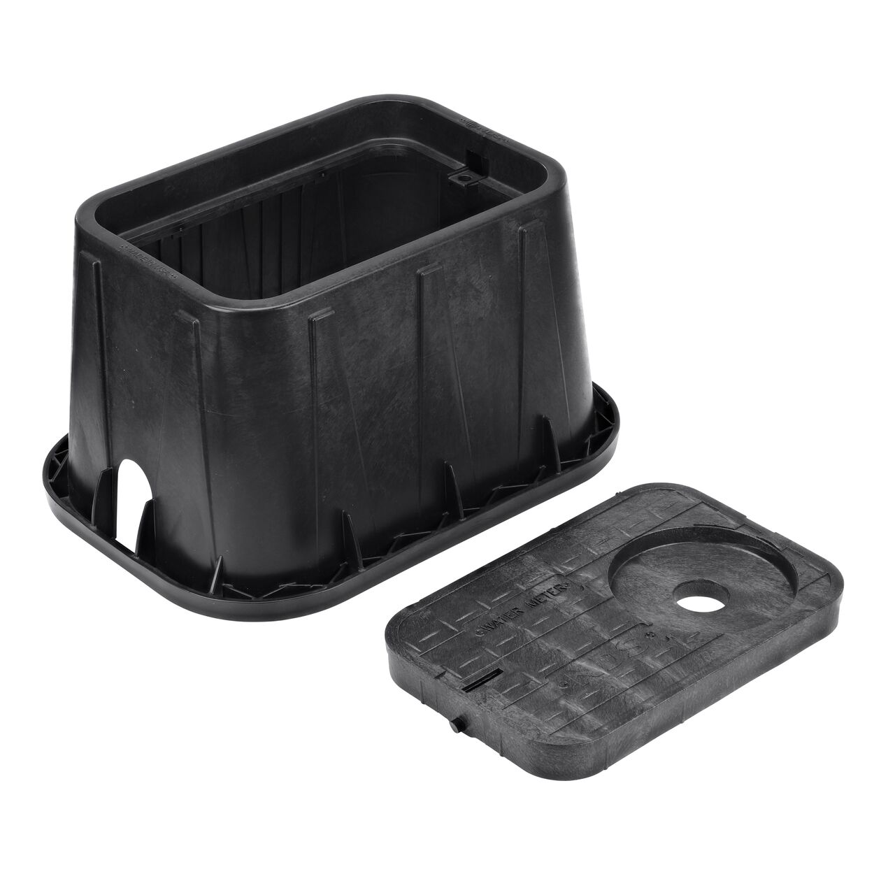 Unassembled View of the NDS 14 in. X 19 in. Rectangular meter box and Black Water Meter Drop-in AMR lid cover (NDS D12-TAMR) with 2 in. Touch Reader Hole