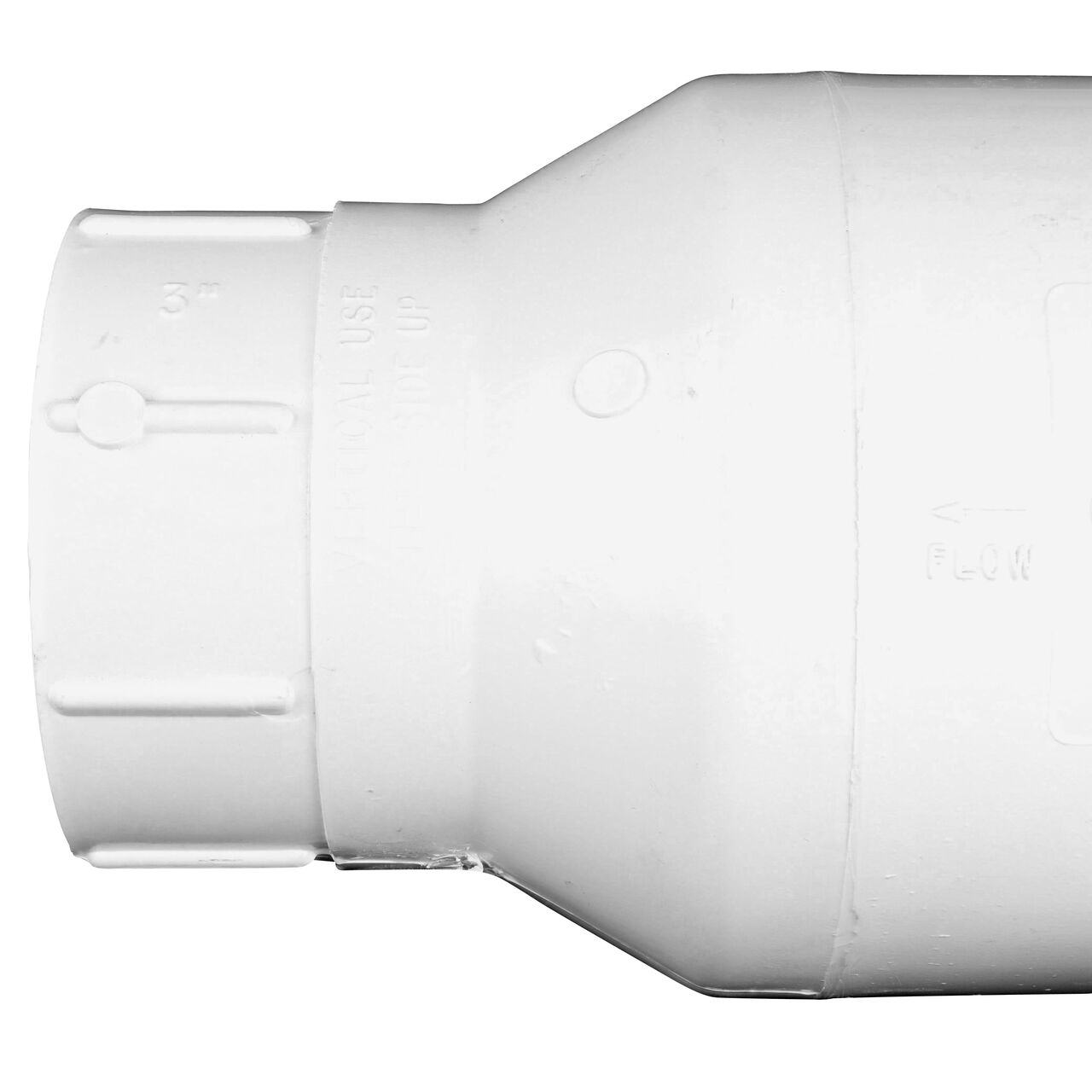 Closeup of the arrow showing water flow of the NDS White 3 in. slip end by slip end PVC Spring Check Valve (NDS 1011-30, NDS 1012-30)