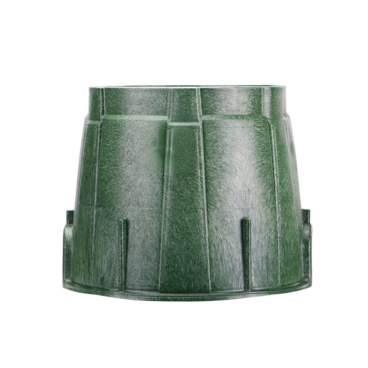 Side view of the non-pipe hole side on the NDS Green plastic 10 in. Round Pro-Spec® Series Valve Box (NDS 312B) showing durability through the reinforced ribs and edging