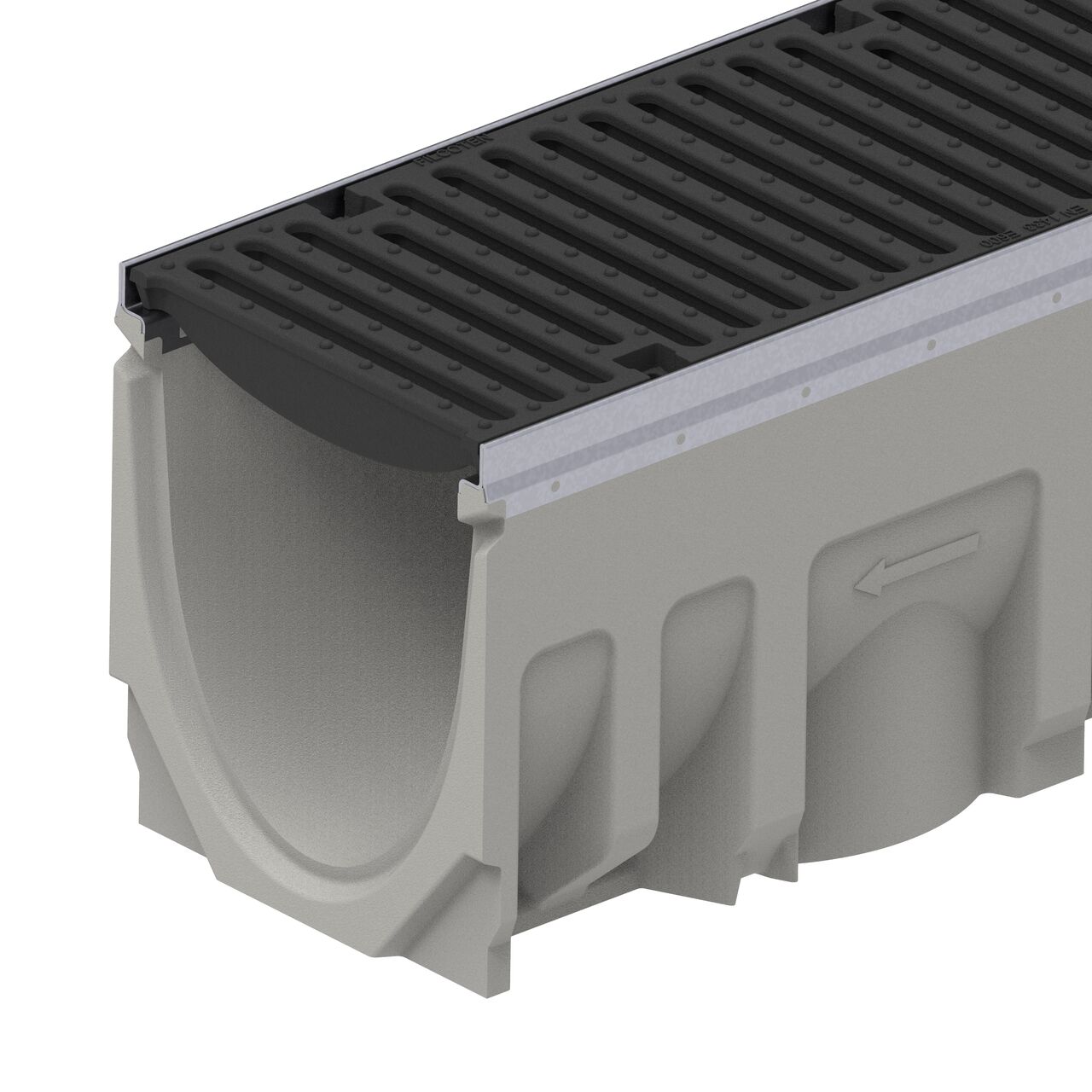 Closeup view of the class E load ductile iron bar design BG-FILCOTEN® 200 Trench Drain Grate (NDS 17020105) installed on the Filcoten 200 Trench Drain with female end showing