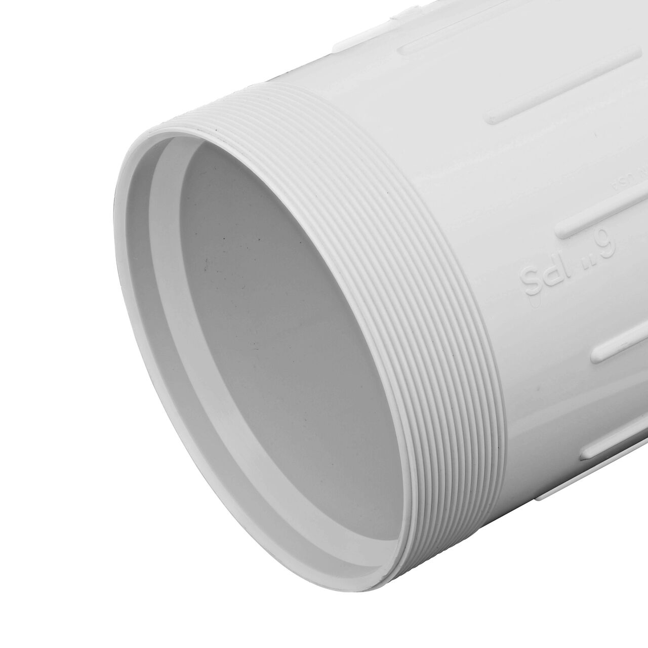 Closeup view of the NDS IPS UC Compression Coupling showing the end with the adjustable nut removed and once installed provides a leak resistant connection (NDS CPC-6000)