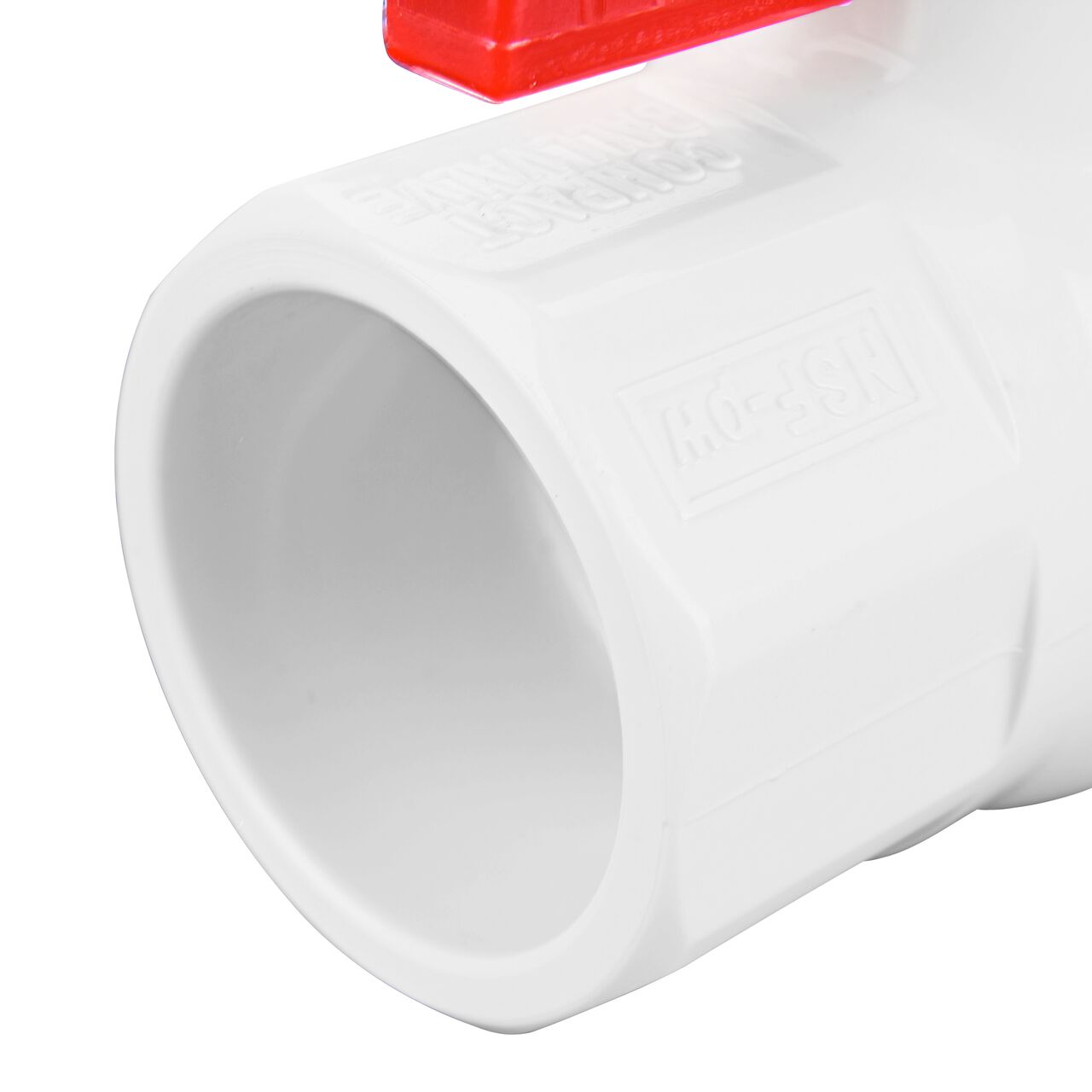 Closeup of the NDS IPS Ball Valve showing the stem that is made of durable PVC material (NDS E1410-12)
