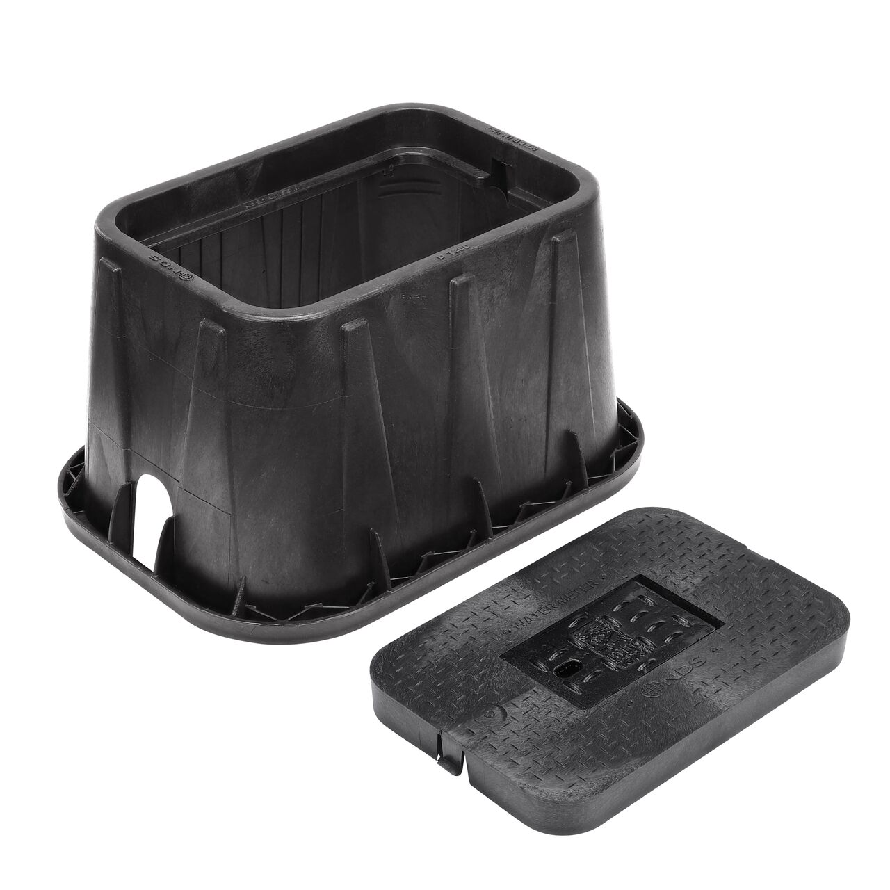 Unassembled View of the NDS 14 in. X 19 in. Rectangular Standard Series meter box with universal locking mechanism enabling a variety of bolts and screws to be used to secure the covers, and Black Water Meter Drop-in lid cover (NDS D1200-DICIR) with Cast Iron reader door