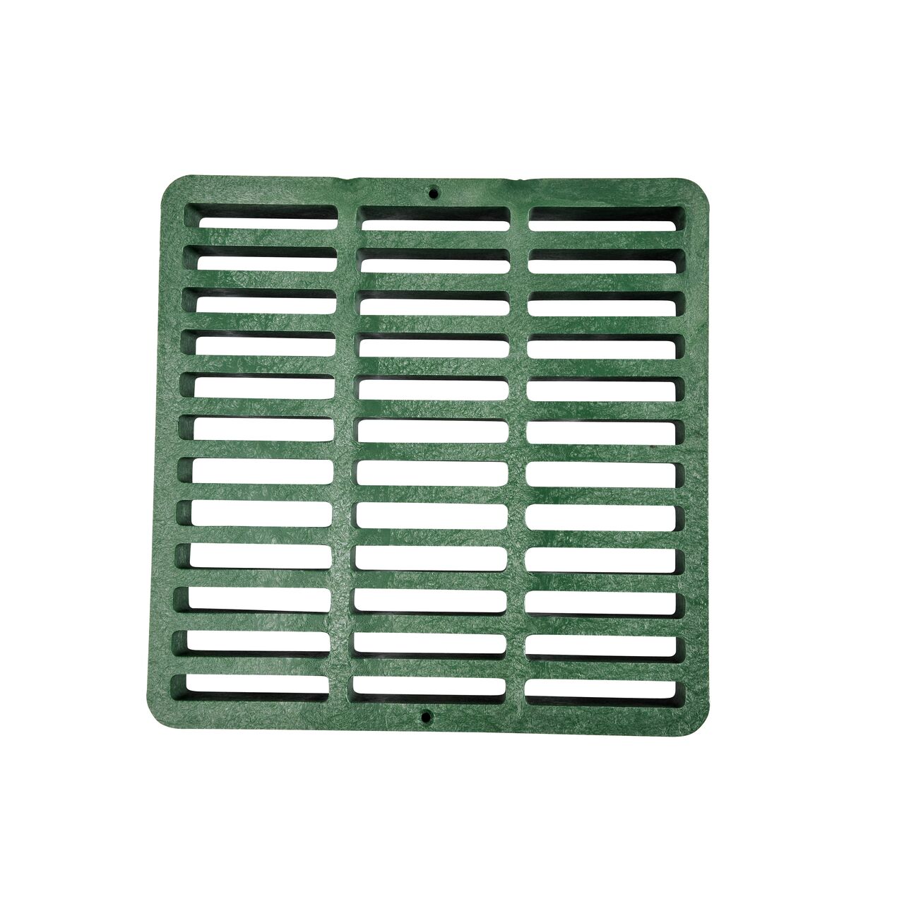 Top down view of the Green Plastic 9 in. Square Catch Basin Drain Grate (NDS 990)