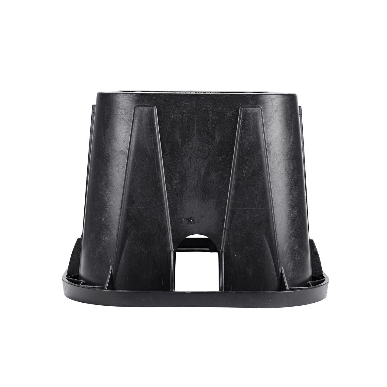 Side view of the pipe hole side on the NDS Black plastic 14 in. X 19 in. Rectangular Pro-Spec® Series Valve Box (NDS 314BBLK) showing the pipe hole available to connect valves to your irrigation system