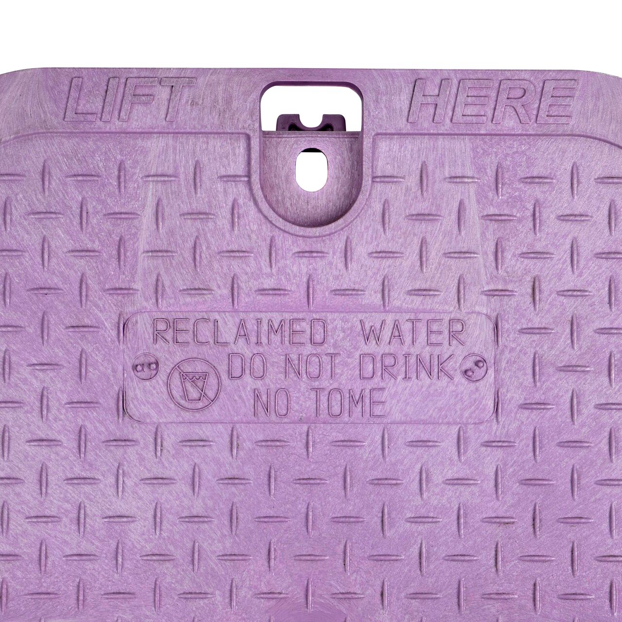 Closeup view of the Reclaimed Water markings on the Purple Reclaimed Water cover for the NDS 14 in. X 19 in. Rectangular Standard Series Valve Box (NDS 113BC)