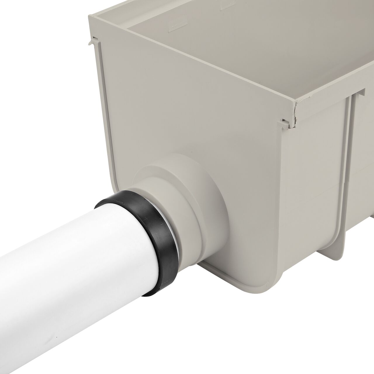 fully installed with NDS Light Gray 12 in. Pro Series Channel™ Drain End Cap/End Outlet (NDS 844) attached to channel drain and 4 in. pipe
