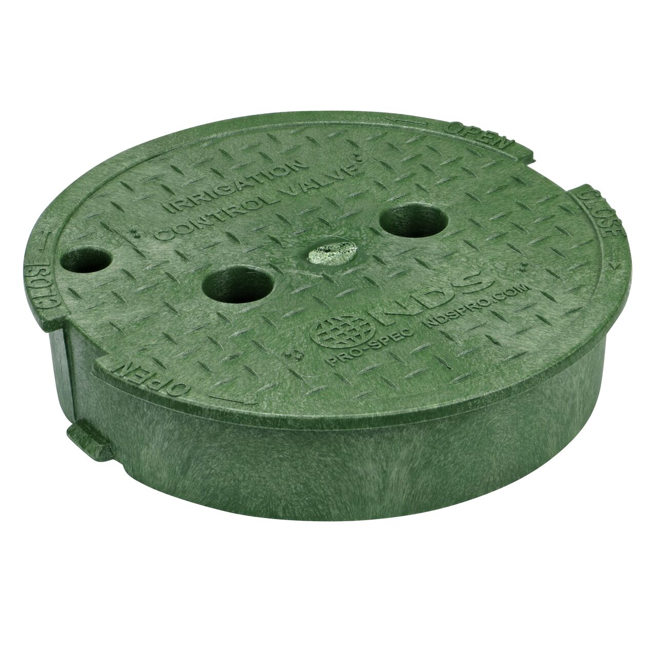 This NDS 10 in. Round Pro-Spec® Series Valve Box Cover is a Green Cover with Irrigation Control Valve markings on the lid and fits NDS Pro-Spec® Series 10 in. valve boxes (NDS 311C)
