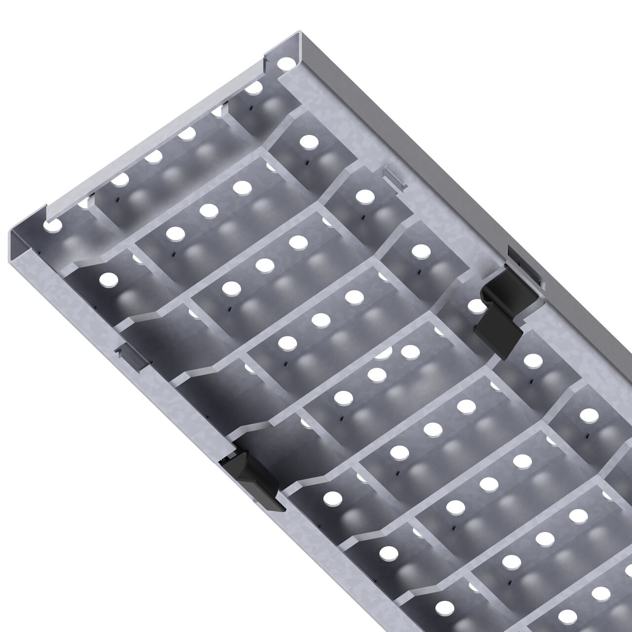 Underside of the class C perforated design galvanized steel BG-FILCOTEN® 100 Trench Drain Grate (NDS 17010228) showing part number, support legs, and secure clips