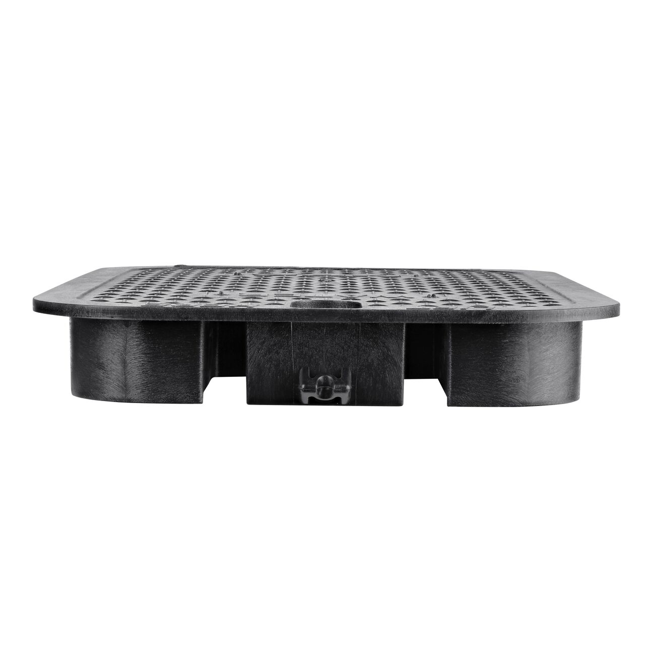 The NDS 14 X 19 in. Rectangular Standard Series Black Water Valve Box Cover (NDS 113CW) is an overlapping lid shown here from the side, that prevents dirt and debris from entering the valve box