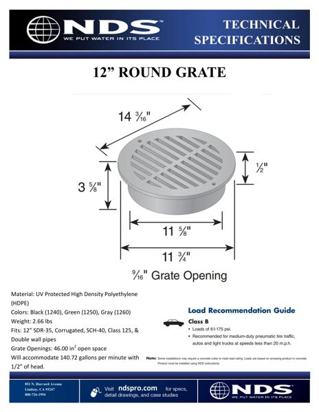 NDS 12 in. Round Drainage Grates for Pipes & Fittings Tech Spec