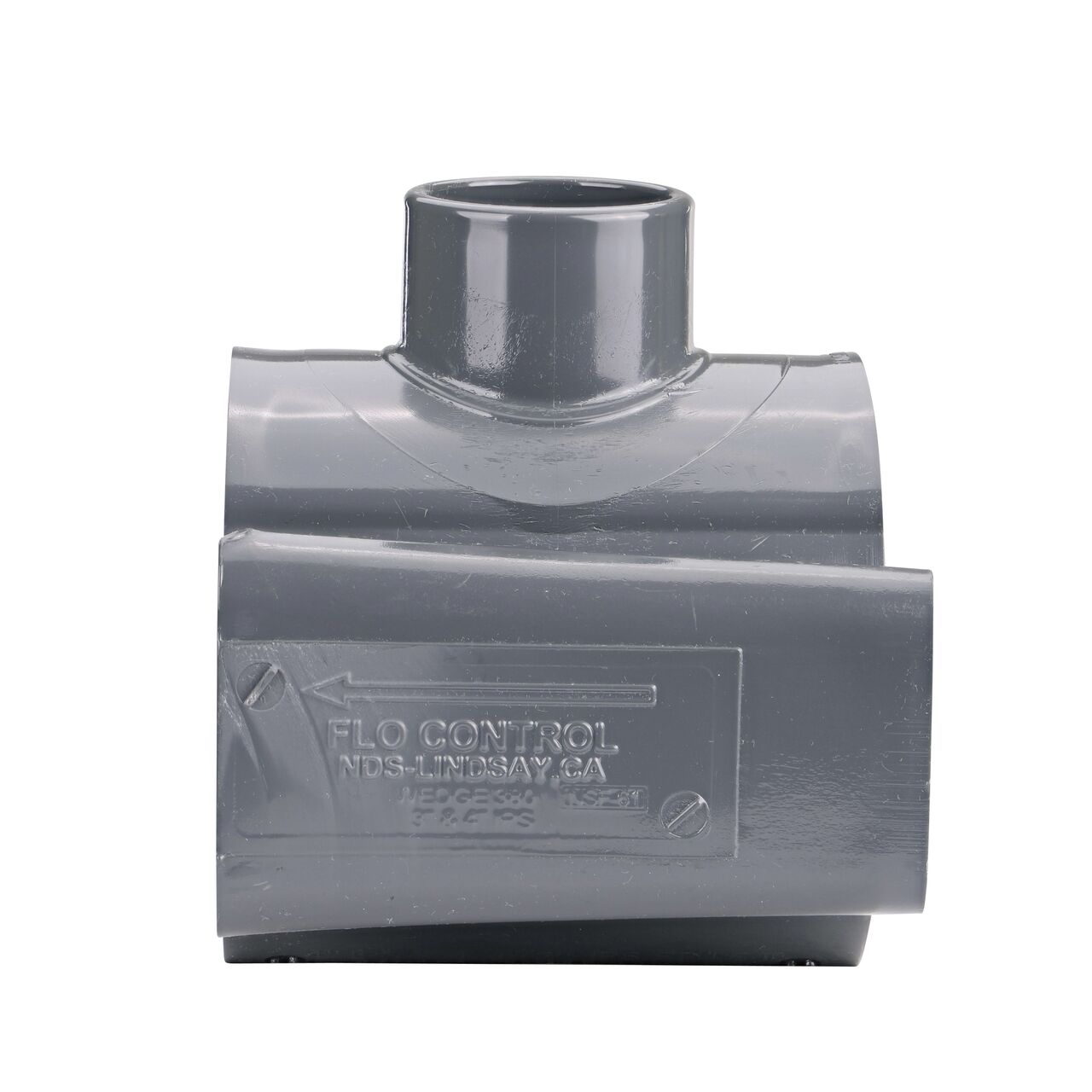 Side view showing patented wedge design in locked position on the NDS Clamp-It™ Rigid PVC Saddle with 1-1/2 in. slip connection on top (NDS 454015) for 4 in. PVC pipe