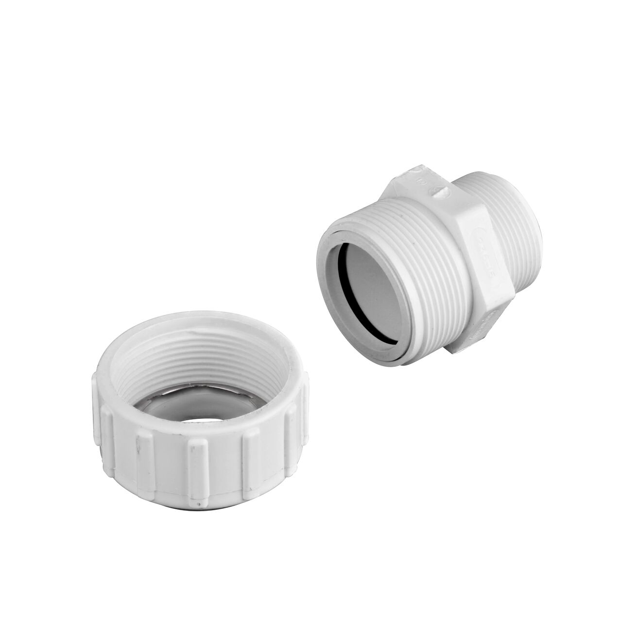 Unassembled NDS 1-1/2 in. CTS MPT Flo-Lock™ Gripper Adapter showing where the two ends come apart to secure the adapter to the pipe (NDS 235-15)