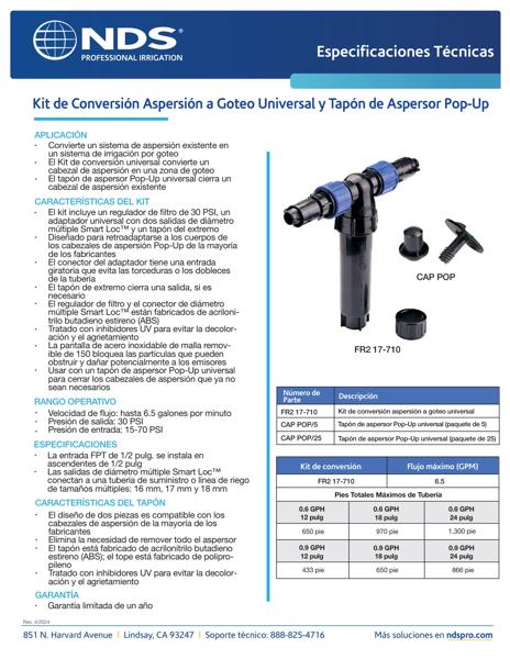 NDS Professional Irrigation Universal Spray-to-Drip Conversion Kit and Pop-up Sprinkler Cap Spanish Tech Spec