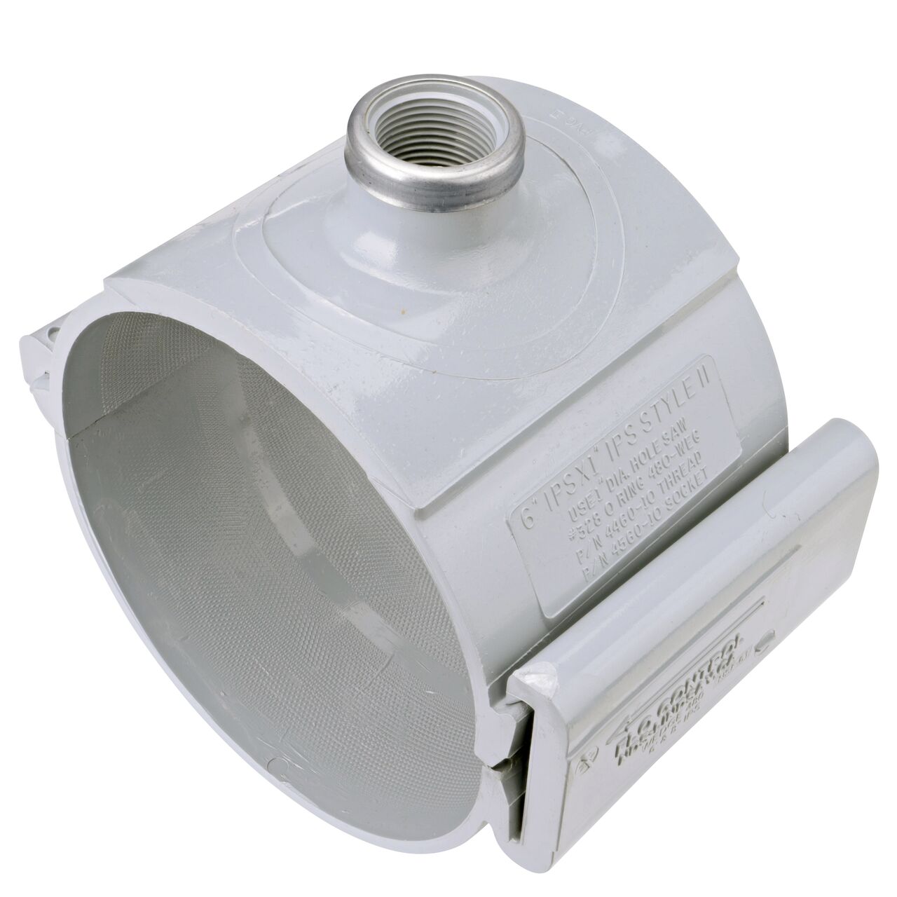 The 1 in. FPT outlet at the top of the NDS Clamp-It™ Rigid PVC Saddle (NDS 446010) for 6 in. PVC pipe adds a riser or sprinkler to an existing pipeline for agricultural or mining applications