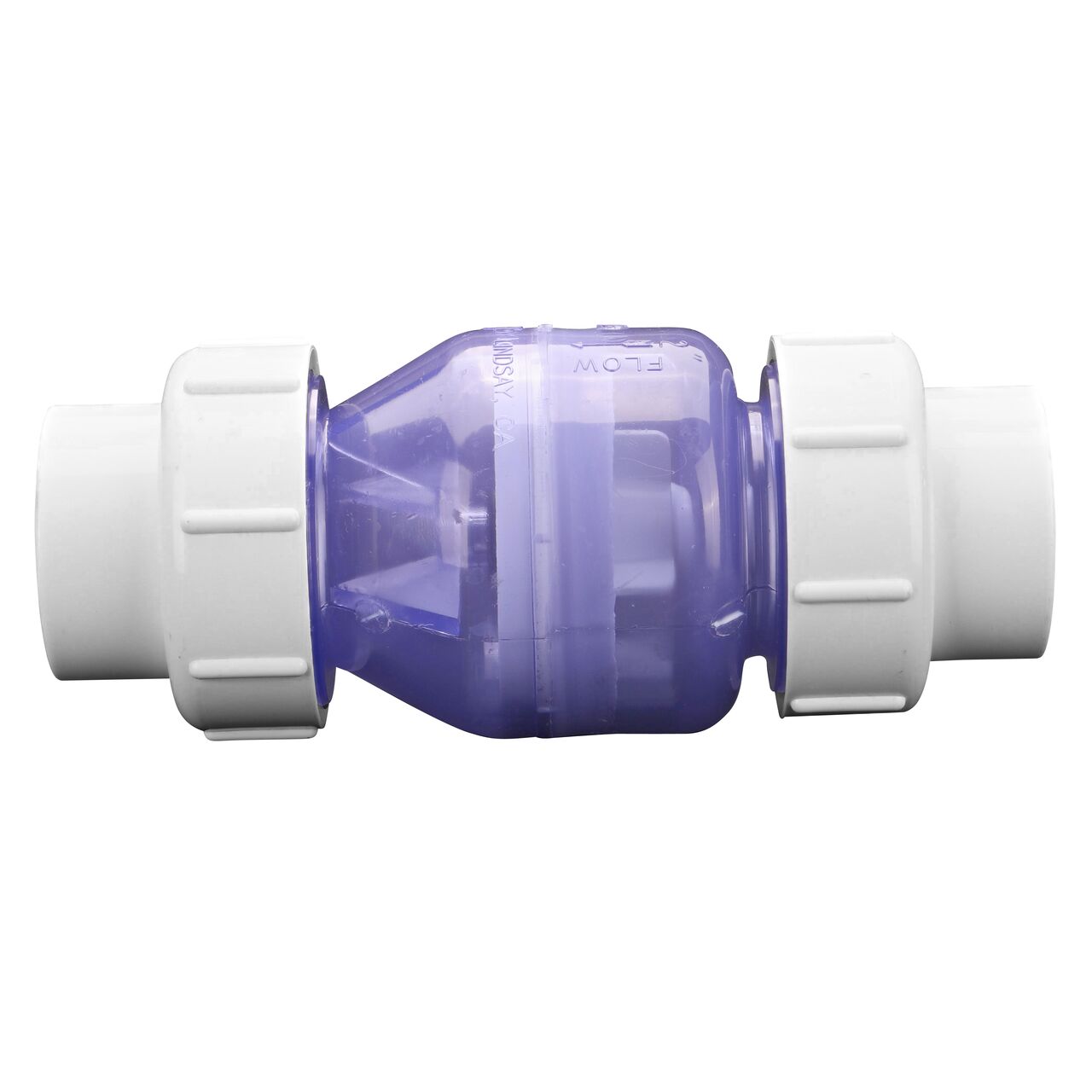 Side to side view of the NDS Clear 2 in. slip end by slip end with 1/2 lb. spring PVC True Union Spring Check Valve (NDS 1700C20) which prevents backflow in pipelines
