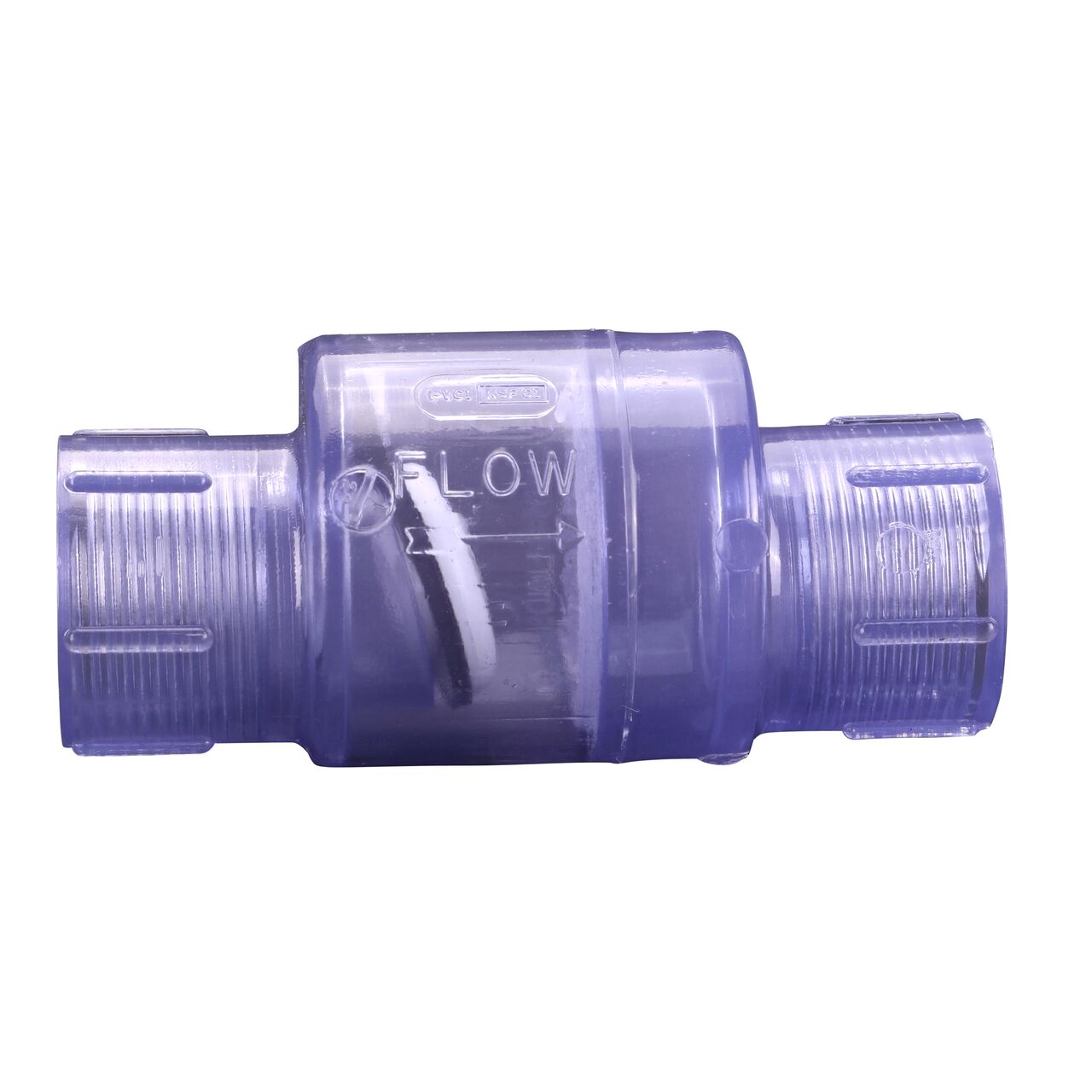 Side to side view of the NDS Clear 1 in. female end by female end PVC Swing Check Valve (NDS 1520C10F) which prevents backflow in pipelines