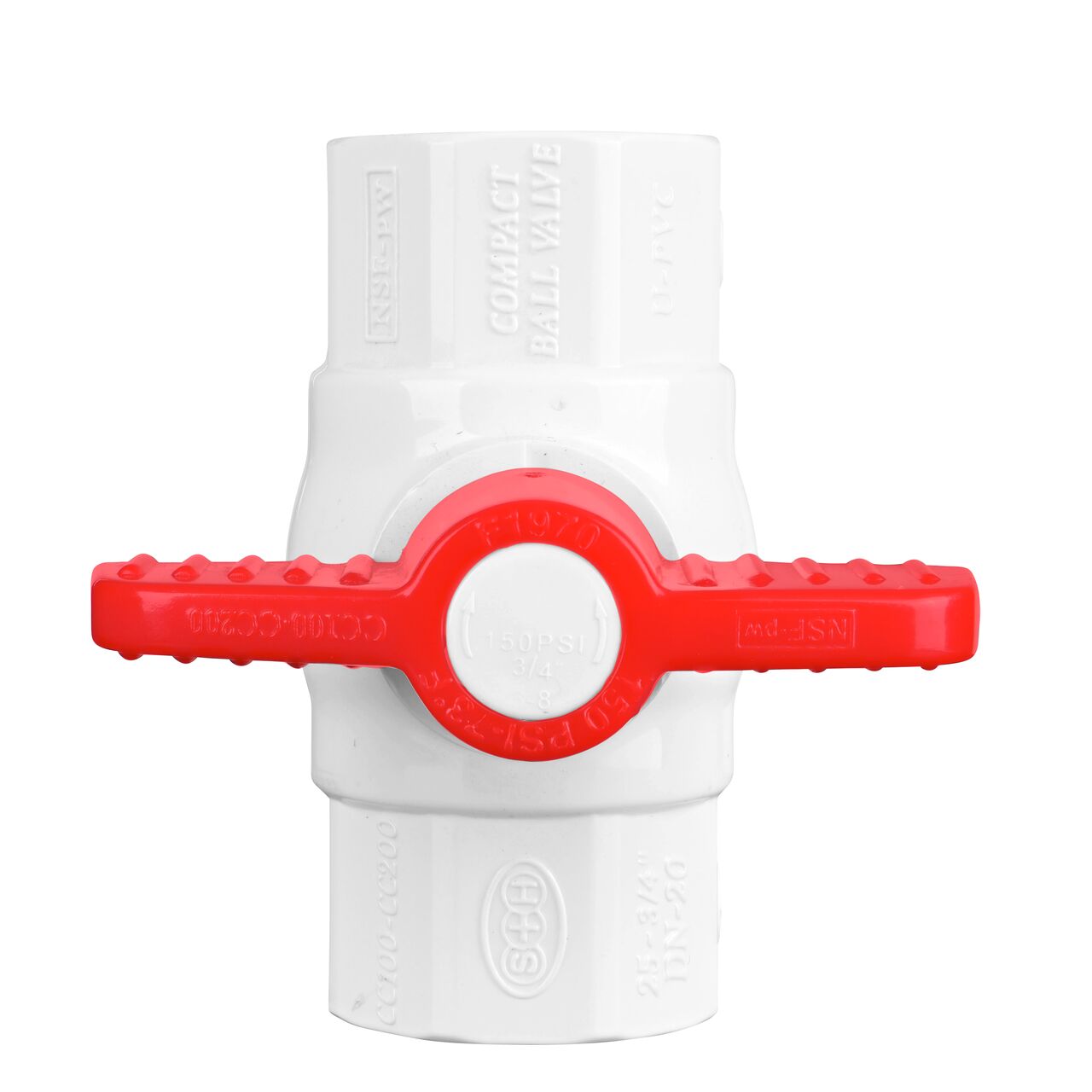 Closeup of the NDS IPS Ball Valve showing that the handle is made of durable PVC material perfect for irrigation or other pressurized system (NDS E1420-07)