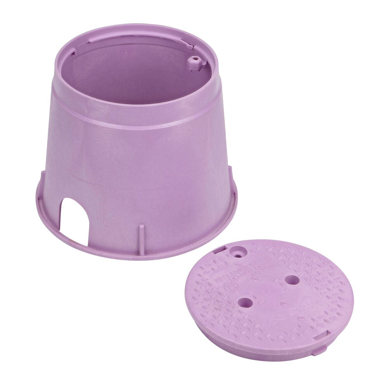 Unassembled View of 10 in. Round Valve Box and Cover which is a Purple Box and Purple Reclaimed Water Cover (NDS 111PBCR)