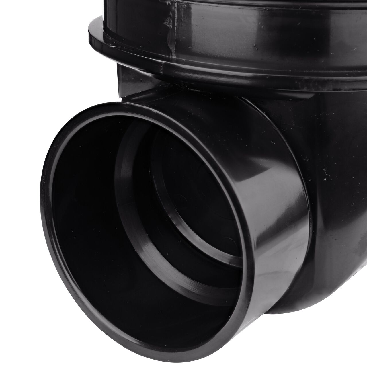 Closeup of the inlet end of the NDS Black 3 in. ABS Backwater Valve (NDS 375)