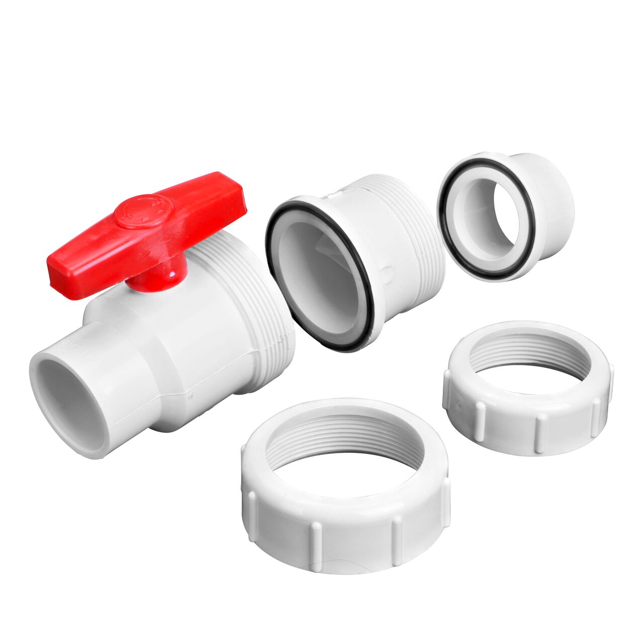 Unassembled from outlet end showing seals on the The NDS White 2 in. IPS U X S Checkmate PVC Swing Check and Ball Valve Combination (NDS 2200-20)