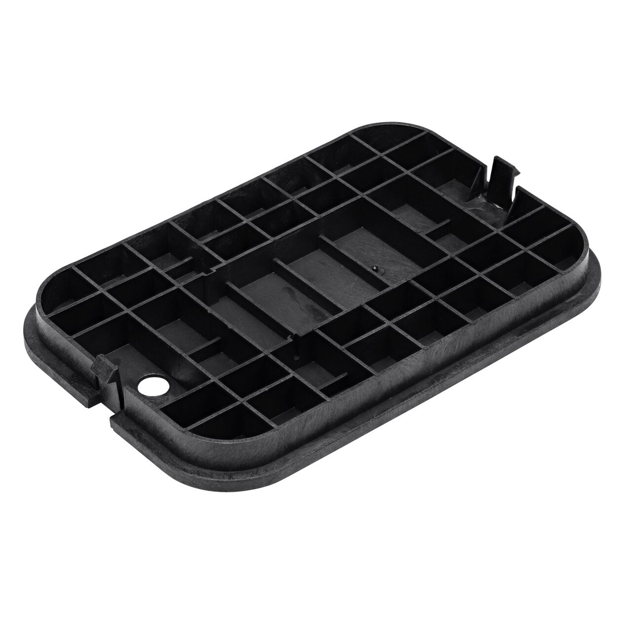 Bottom view of the reinforced ribs on the NDS 14 X 19 in. black water meter overlapping cover (NDS D1200-OLSBL) that fits the NDS 14 X 19 in. Standard Series Meter Box