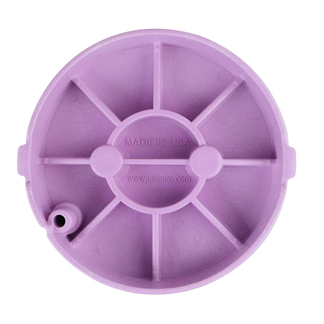 Top down view of the underside of the Purple Reclaimed Water cover for the NDS 10 in. Round Pro-Spec® Series (NDS 311CR) valve box showing reinforcing ribs that help support pedestrian and lawn care equipment