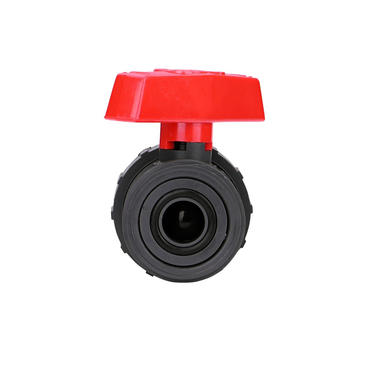 The The 3/4 in. PVC Slip & Threaded True Union Ball Valve shown with the connection end removed with the handle in the half-way closed position to show how ball valve provides a shut off point in the system